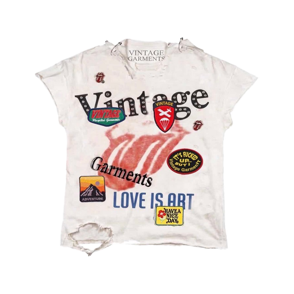 Vintage Art Tee white, front patch collage